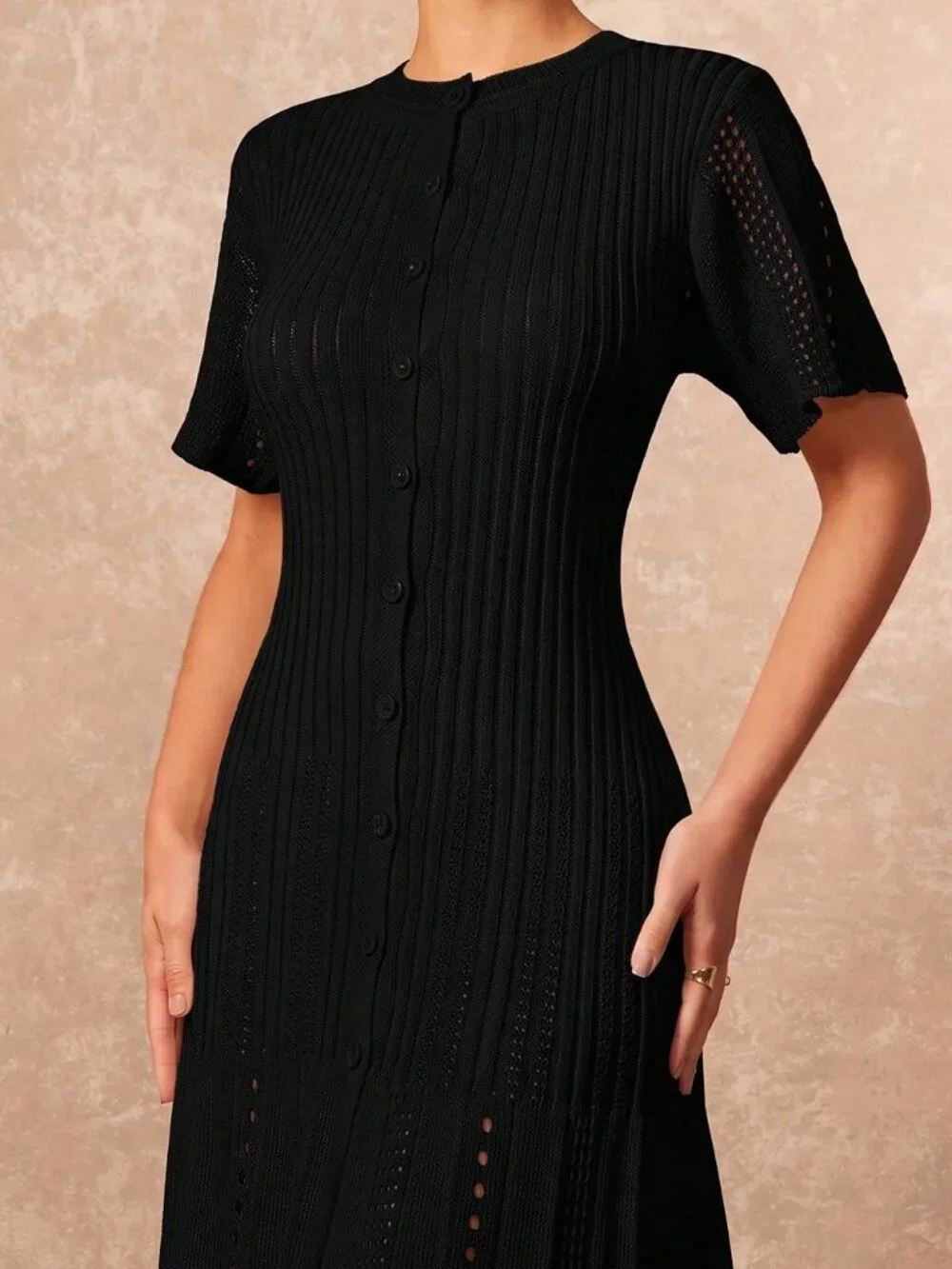 Black Elegant Women's Button Knit Short Sleeve Fishtail Skirt